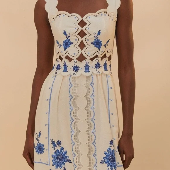 knee length dresses for ladies Off-White Flower Richelieu Euroflax™ Premium Linen Midi Dress – FARM Rio main image 1
